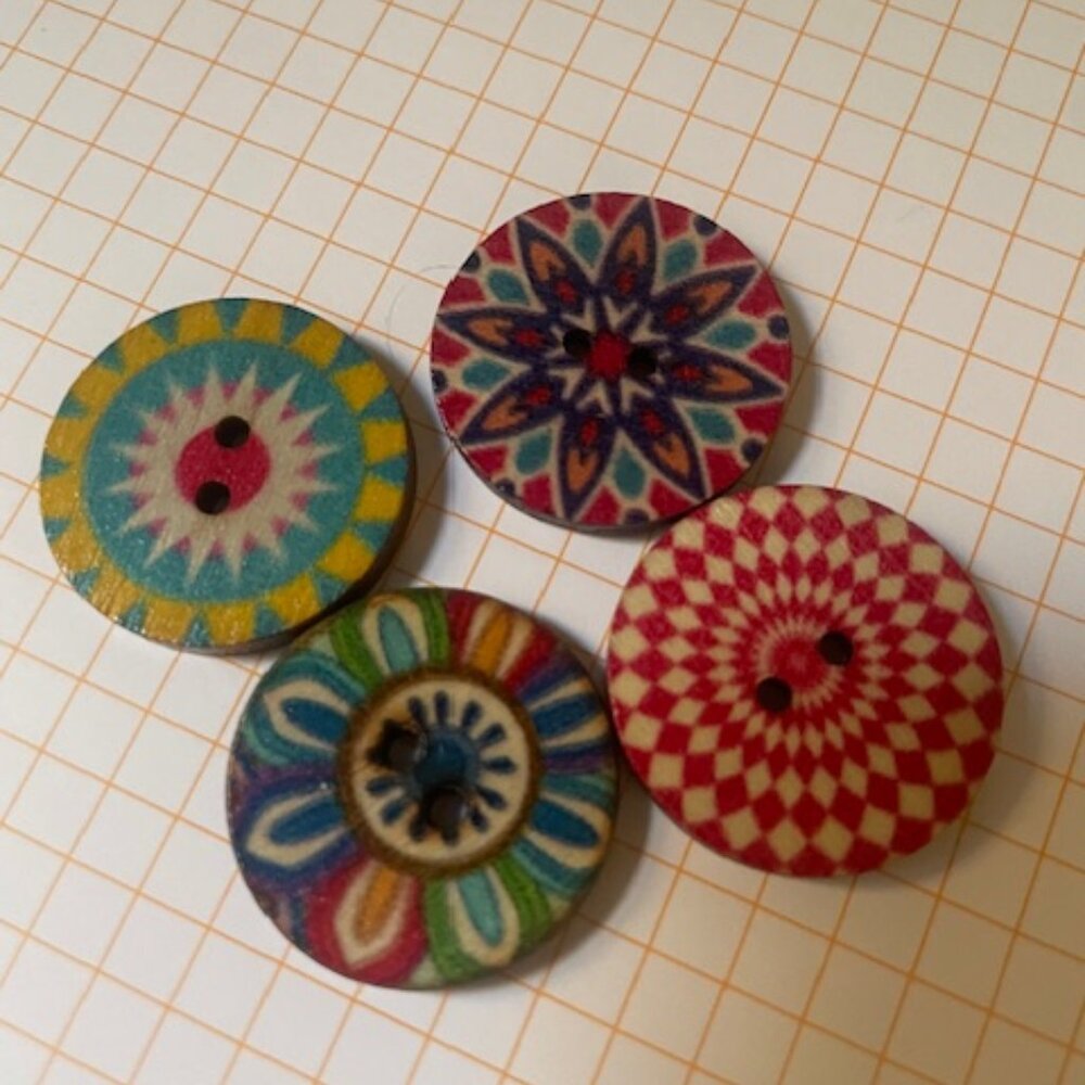 4pc Decorative Wooden Buttons, Floral + Geometric